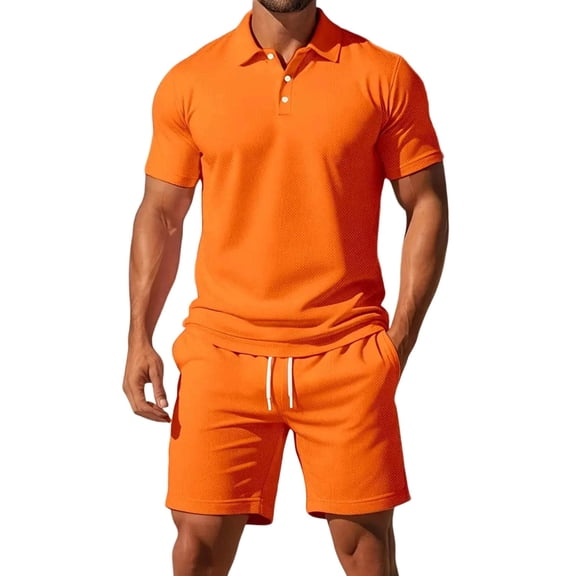Men Solid 2 Piece Polo Short Set, Breathable Knit Short Sleeve Polo Shirt & Drawstring Shorts Summer Casual Outfit Orange XXL