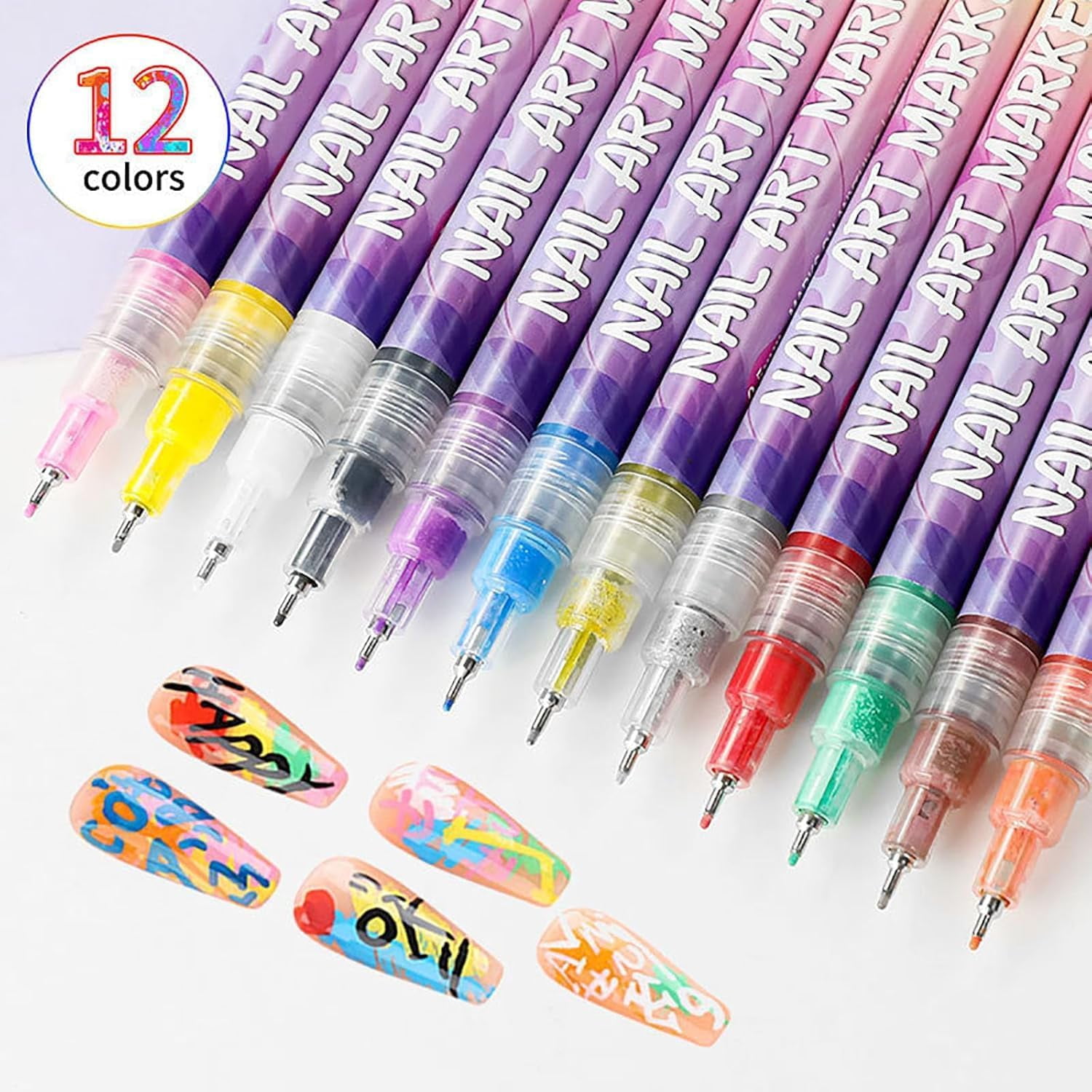 Acrylic Paint Pen for Nail Painting,12 Color Set with Ultra-Fine 0.5mm/0.01in Metal Tip for Precise Dotting,Lining & Drawing,Fast-Drying & Portable with Eco-Friendly PP Barrel for DIY Nail Art Design