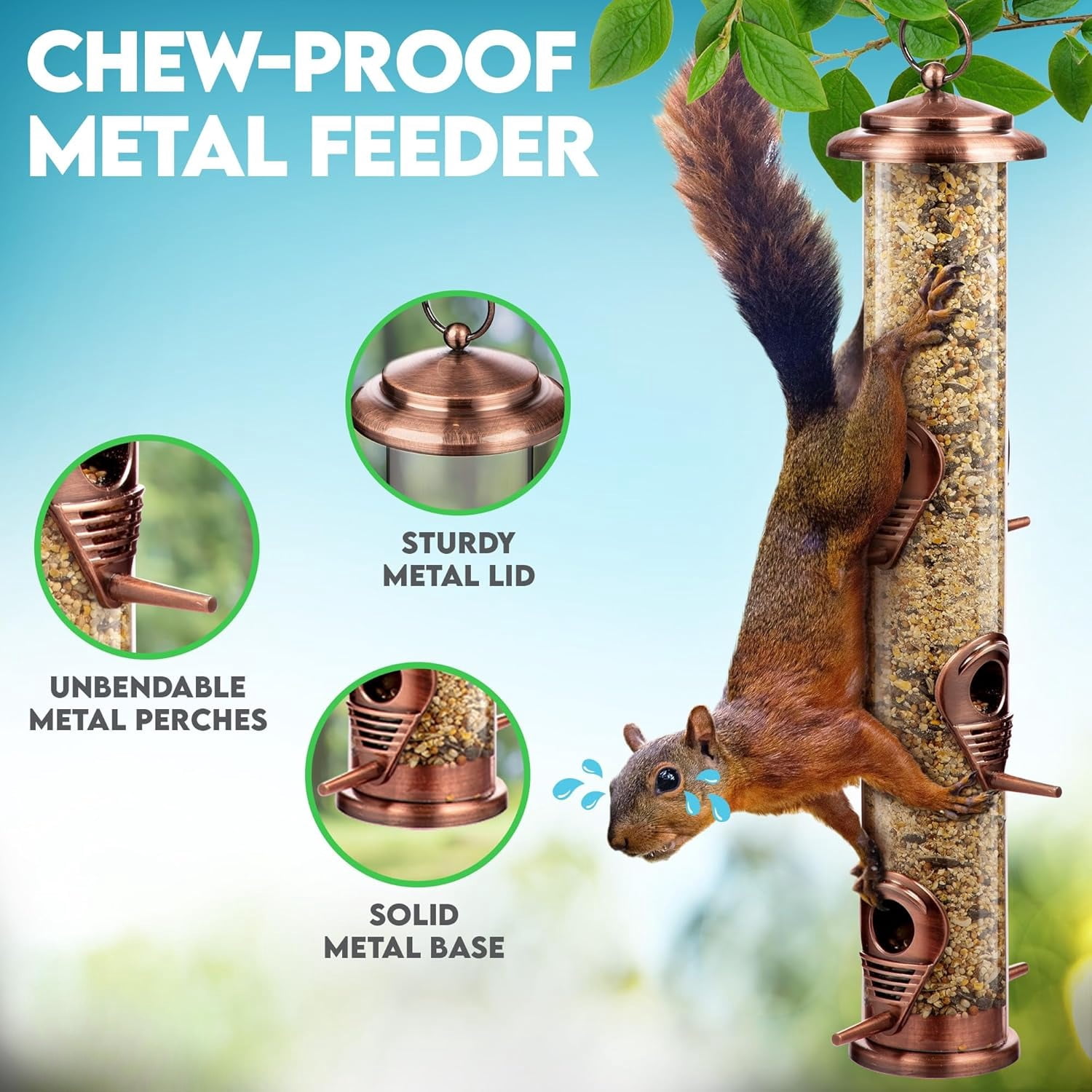 Bird Feeders for Outdoors (Green) Squirrel Proof Hanging Bird Feeder with Locking Lid & Adjustable Hanger, Chew-Proof, Weather Resistant 15 Inches 6 Port