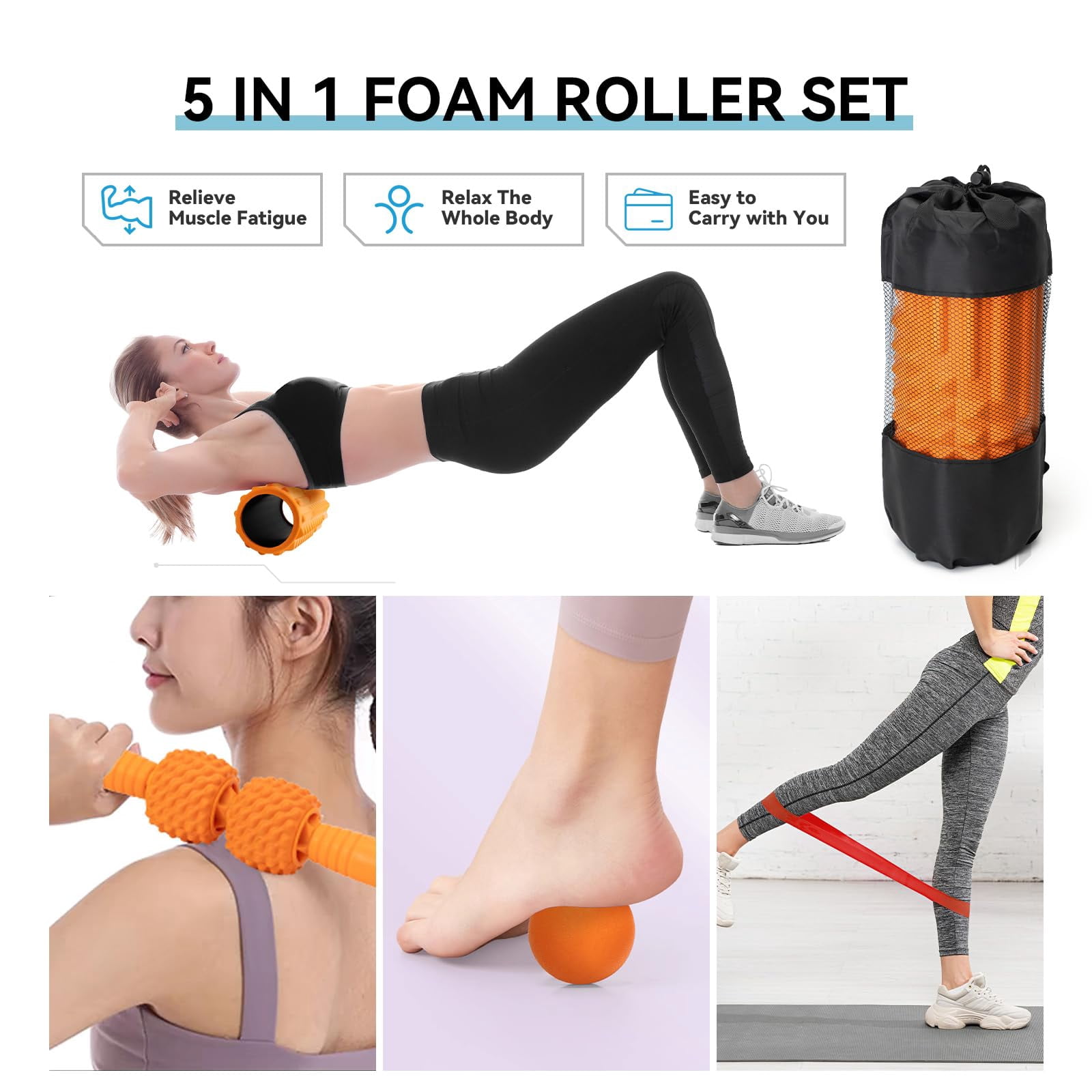 5 In 1 Foam Roller Set  High Density Fitness Exercise For Deep Tissue Massage Ball Resistance Band Whole Body(orange)