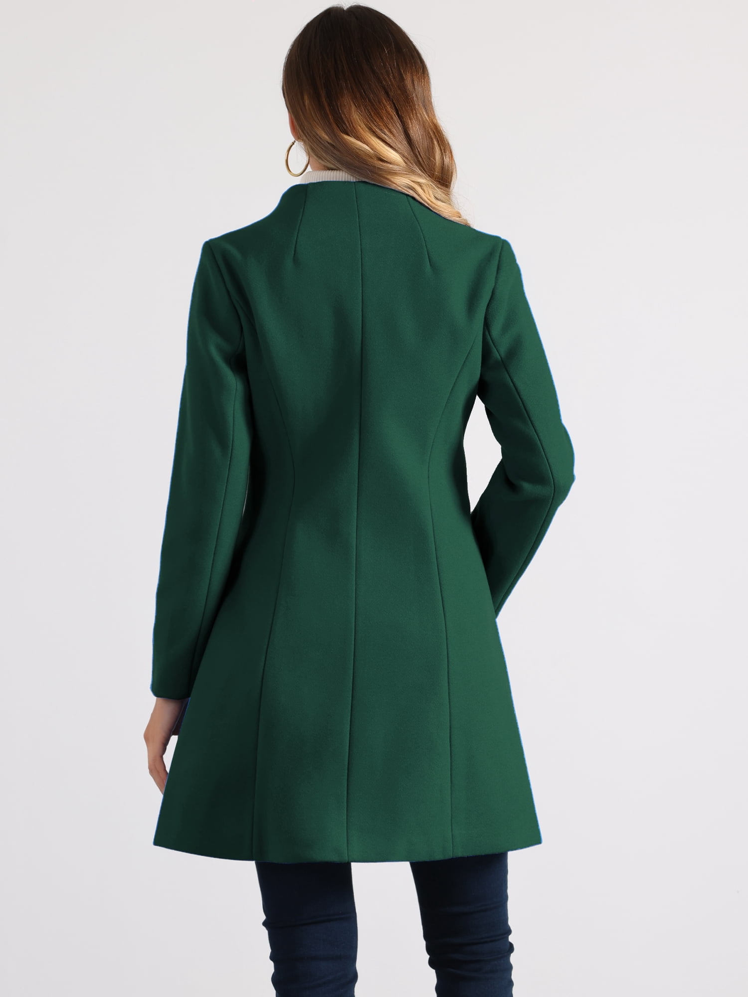 DARING DIVA Women's Elegant Winter Overcoat V Neck Single Breasted Coats Dark Green S