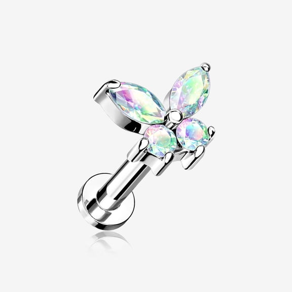 Butterfly Sparkle Prong Set Top Internally Threaded Steel Flat Back Stud Labret