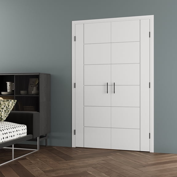 48" x 80" 6 Panel Modern Double Doors with French Door Ready-to-Assemble Jamb, Molded Solid Core Door, Black Ball Catch, Interior Door, Pre-finished & Paintable, White