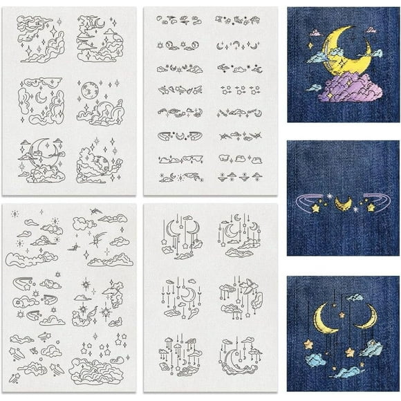 4 hojas de patrones de bordado solubles en agua, papel de bordado de punto de nube, luna y estrellas, estabilizadores solubles en agua para tallas, camisas, abrigos, bolsos, toallas