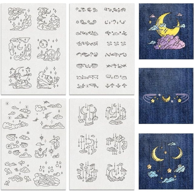 4 hojas de patrones de bordado solubles en agua, papel de bordado de punto de nube, luna y estrellas, estabilizadores solubles en agua para tallas, camisas, abrigos, bolsos, toallas