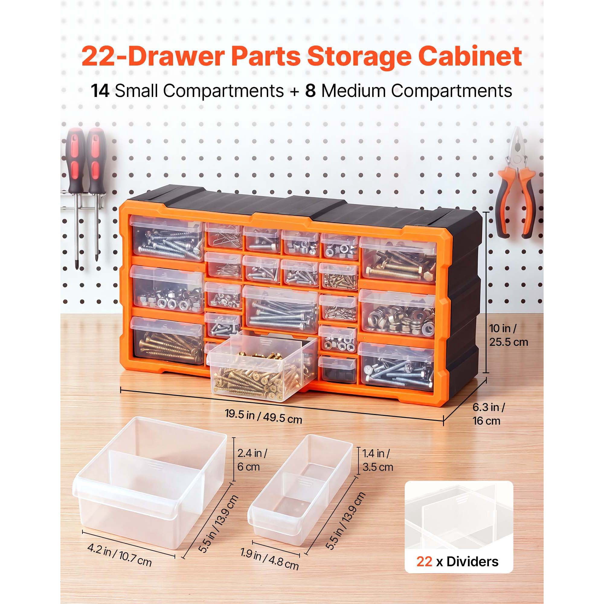 KFFKFF 22-Drawer Plastic Storage Organizer, Stackable Cabinet for Garage Organization, Wall-Mountable Toolbox for Hardware, Beads, Screws, Crafts, and Building Bricks