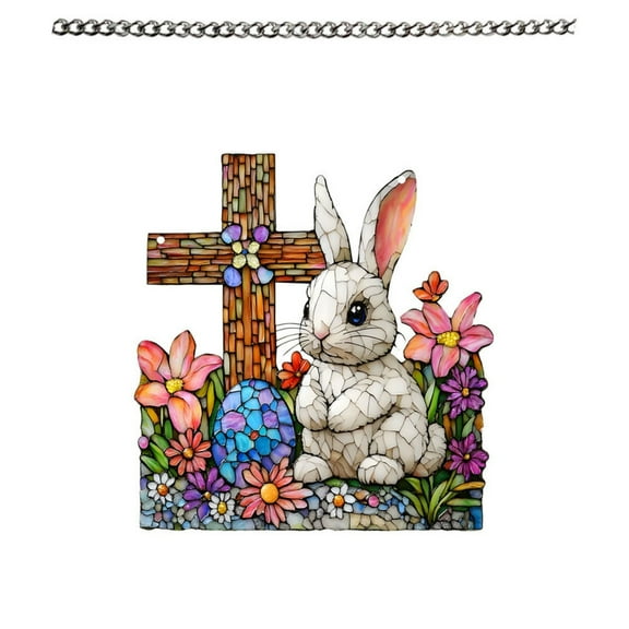 PEIBang Easter Stained Glass Window Hanging,Rabbit Cross Suncatcher for Easter Window Door Wall Home Decorations