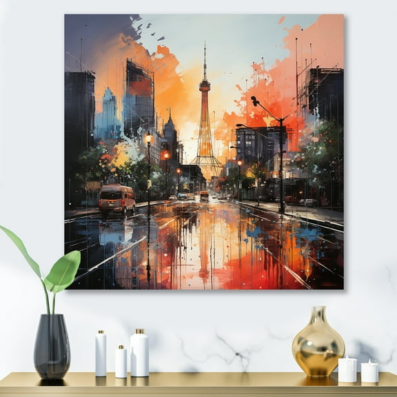 Designart "Dreamy Houston City Sunset I" Cityscapes Wall Art - Industrial Pink Houston Entryway Wall Art Print