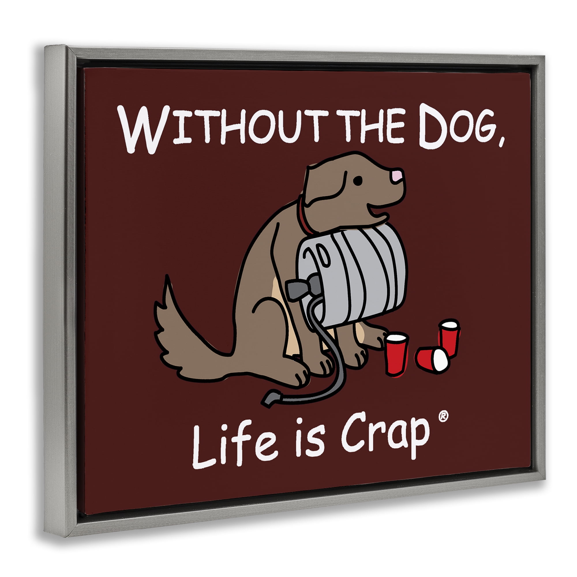 Stupell Industries Funny Dog & Keg Novelty & Humor Painting Gray Floater Framed Canvas Art Print Wall Art, 31 x 25