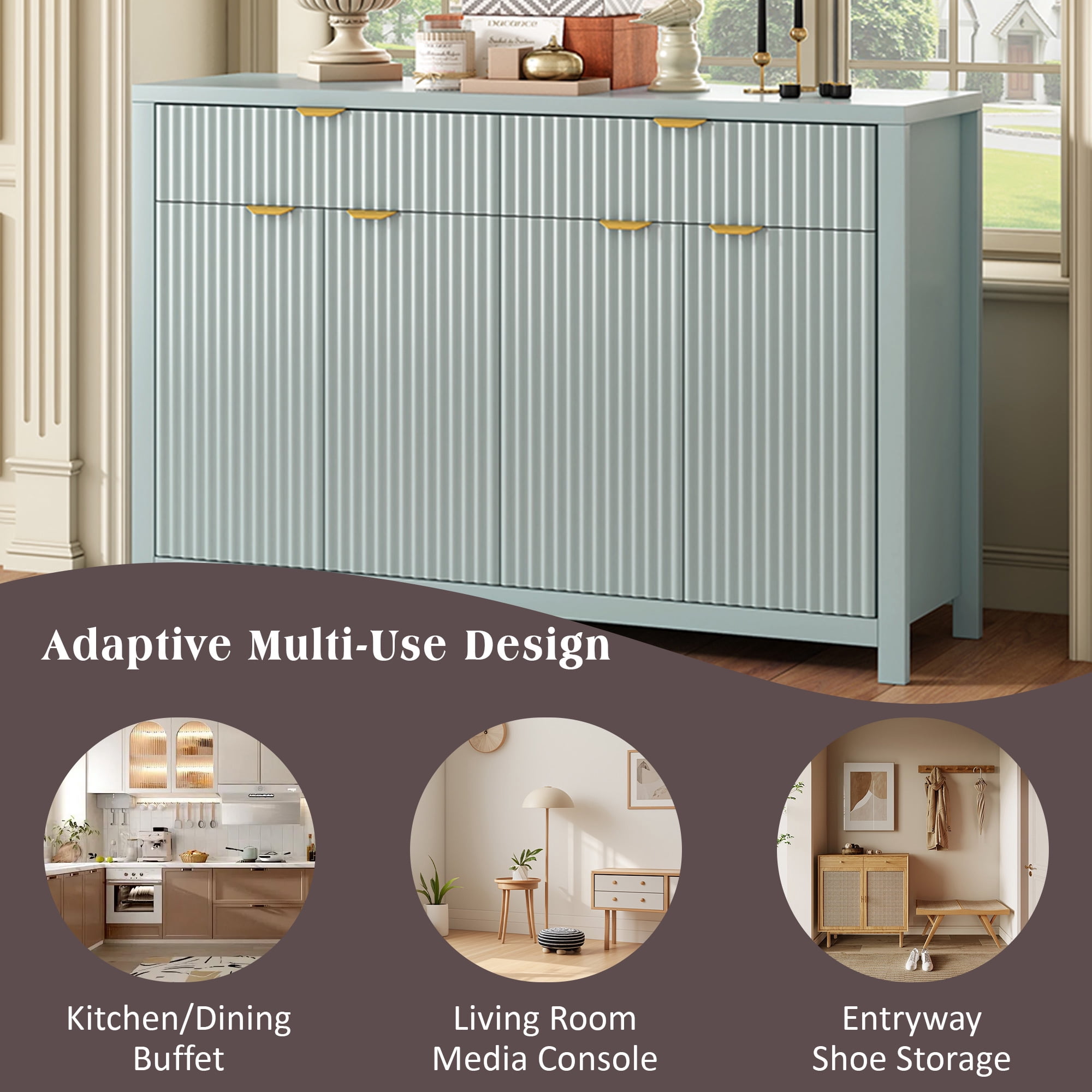 Euroco Sideboard Buffet Cabinet with 2 Drawers,55" Large Storage Cabinet with Adjustable Shelves and 4 Doors,Wood Coffee Bar Cabinet for Dining Room,Living Room,Hallway,Cyan