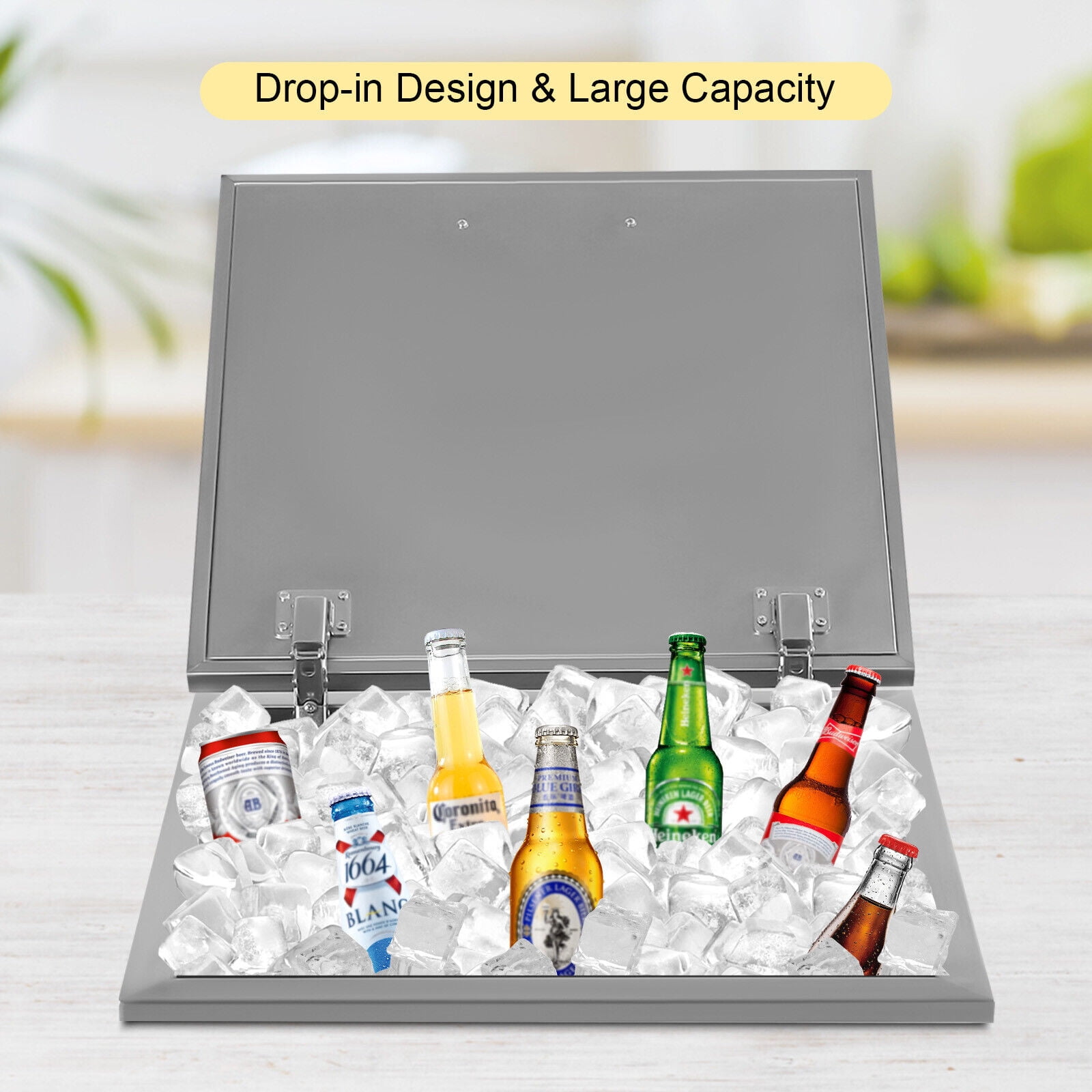 Miumaeov Outdoor/Indoor BBQ Island Stainless Steel Drop-in Ice Chest Cooler Ice Beer Bin with Hinged Cover Wine Cooler