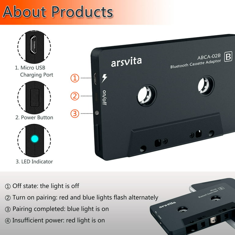 Arsvita Bluetooth 5.0 Cassette Adapter for Car, Wireless Audio Bluetooth  Cassette Aux Adapter for Tape Player Deck, White