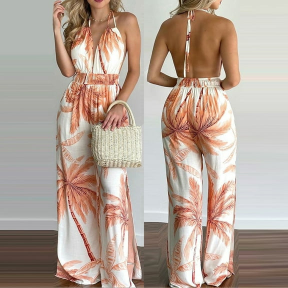 AOOCHASLIY Valentine's Day Women Pants Women Fashion Halter Backless Slit Leg Floral Print Jumpsuit