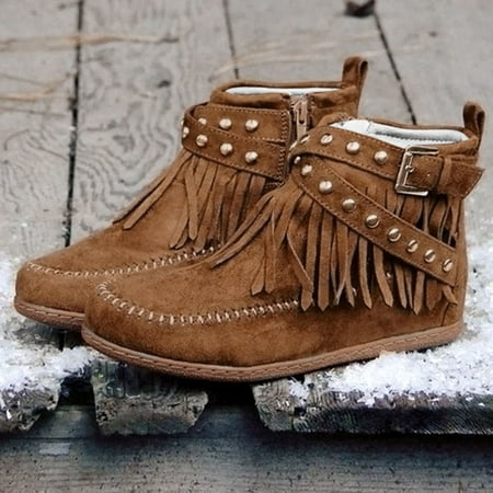 

Boots for women Retro Women Tassel Suede Flat Zipper Solid Color Short Booties Round Toe Shoes