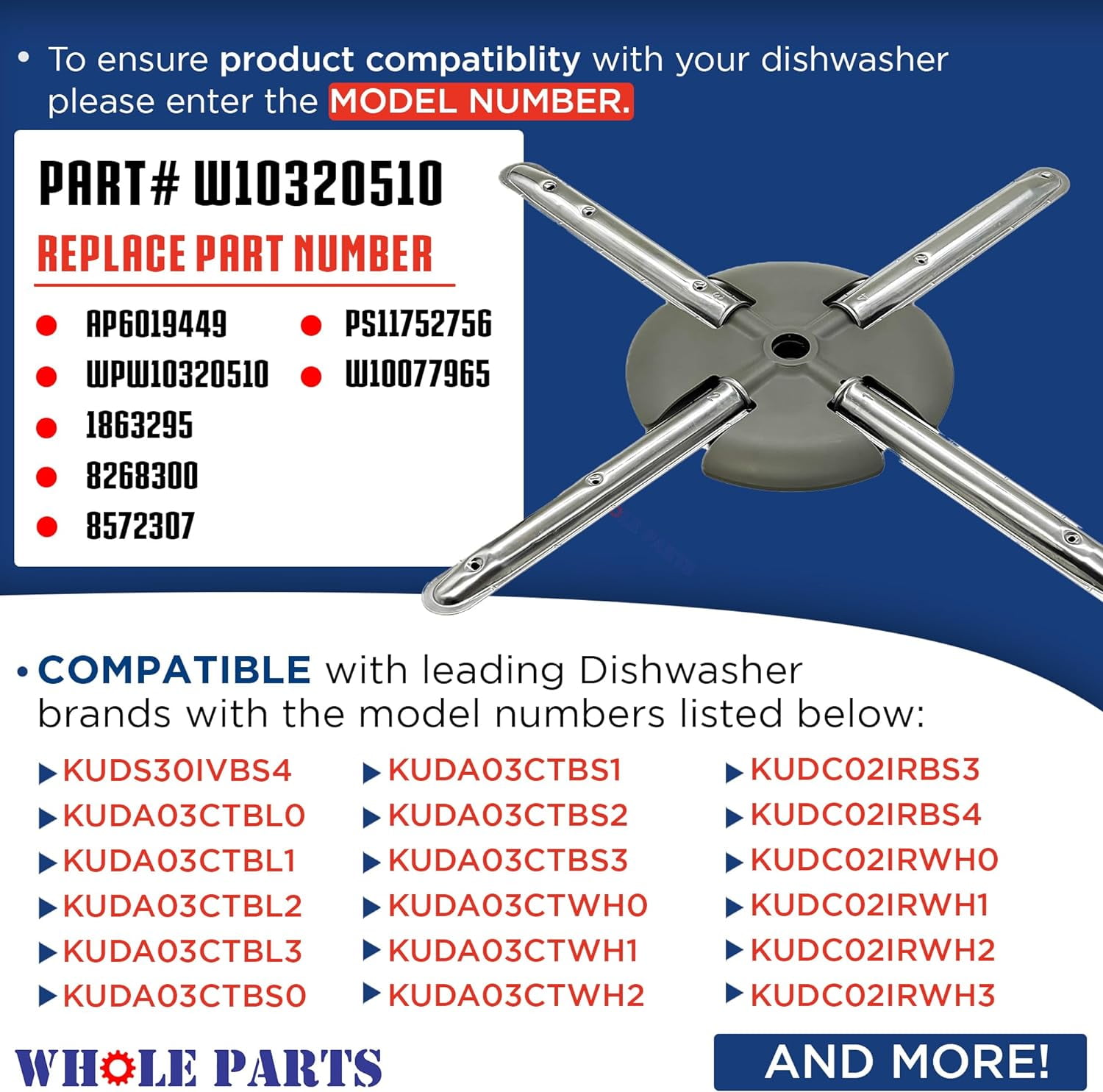 Whole Parts Dishwasher Lower Spray Arm/Wash Arm Part# W10320510 - Replacement and Compatible with Some Kitchen Aid and Whirlpool Dishwashers