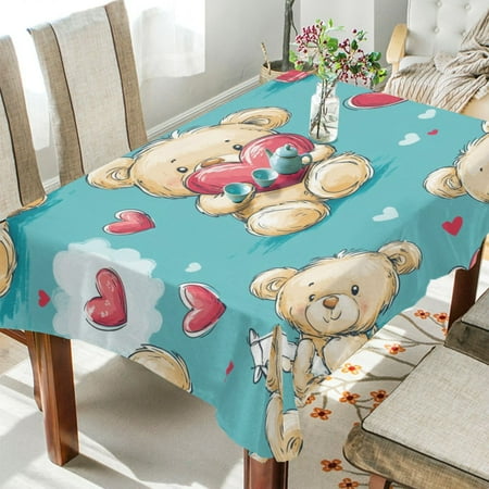 

WOBOGO Adorable Teddy Bears Heart Pattern Square Tablecloth 60×108in Polyester Fabric Tablecloth Washable Dust Resistant Wrinkle Resistant