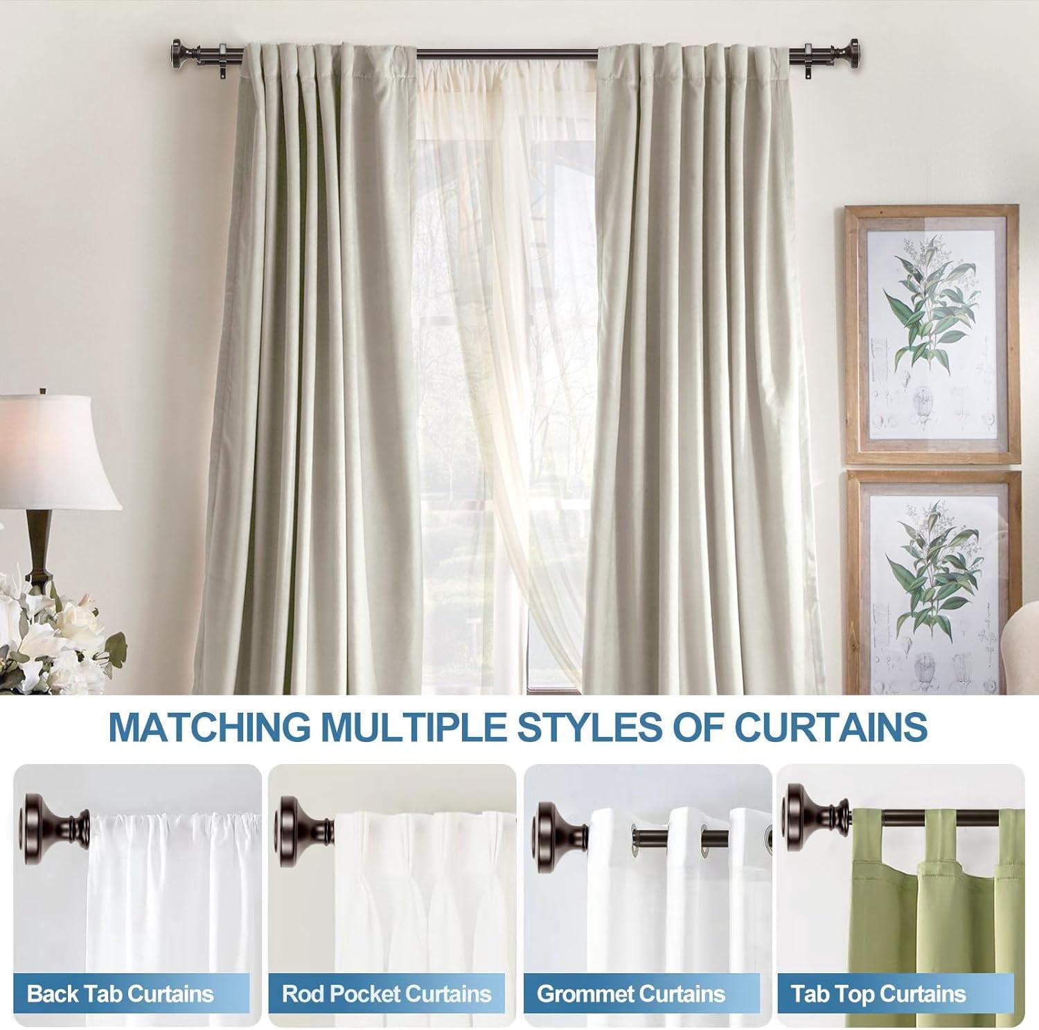 Urbanest Adjustable Double Curtain Rod Set Semplice Flat Button Finials – 1″ Front & 3/4″ Back Rod With Black Rod, 84–120 Inches