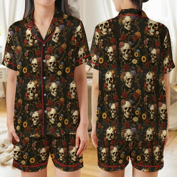 Lotusprinthandmade Floral Skull Halloween Graphic All-over Print Satin Short-Sleeve Pajamas Set (S), floral halloween pajamas