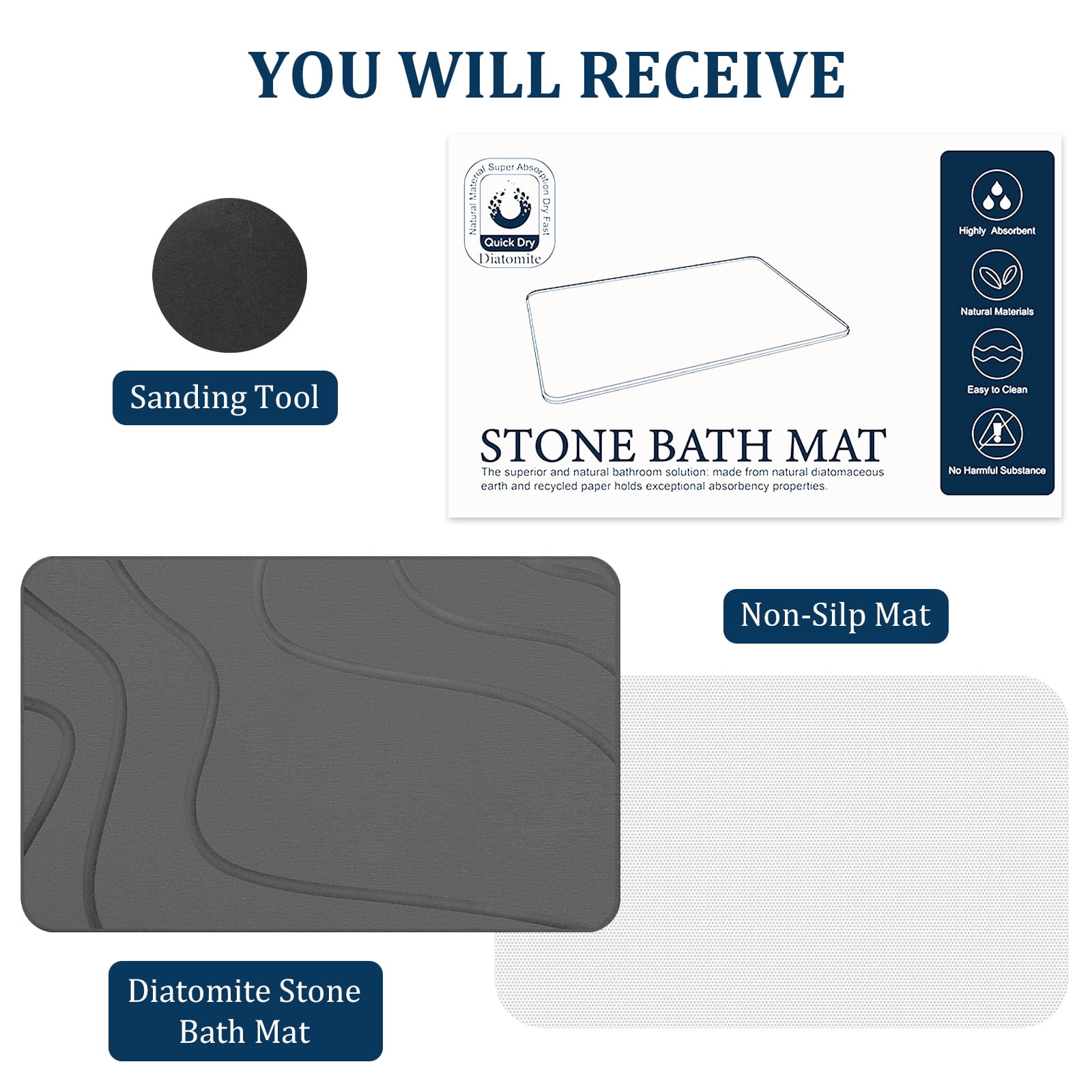 LIZEVINC Non-Slip Diatomaceous Earth Stone Bath Mat – Super Absorbent Quick Dry Diatomite Shower Mat for Bathroom Floor, Fast Drying Bathroom Mat, 23.6" x 15.4", Deep Gray