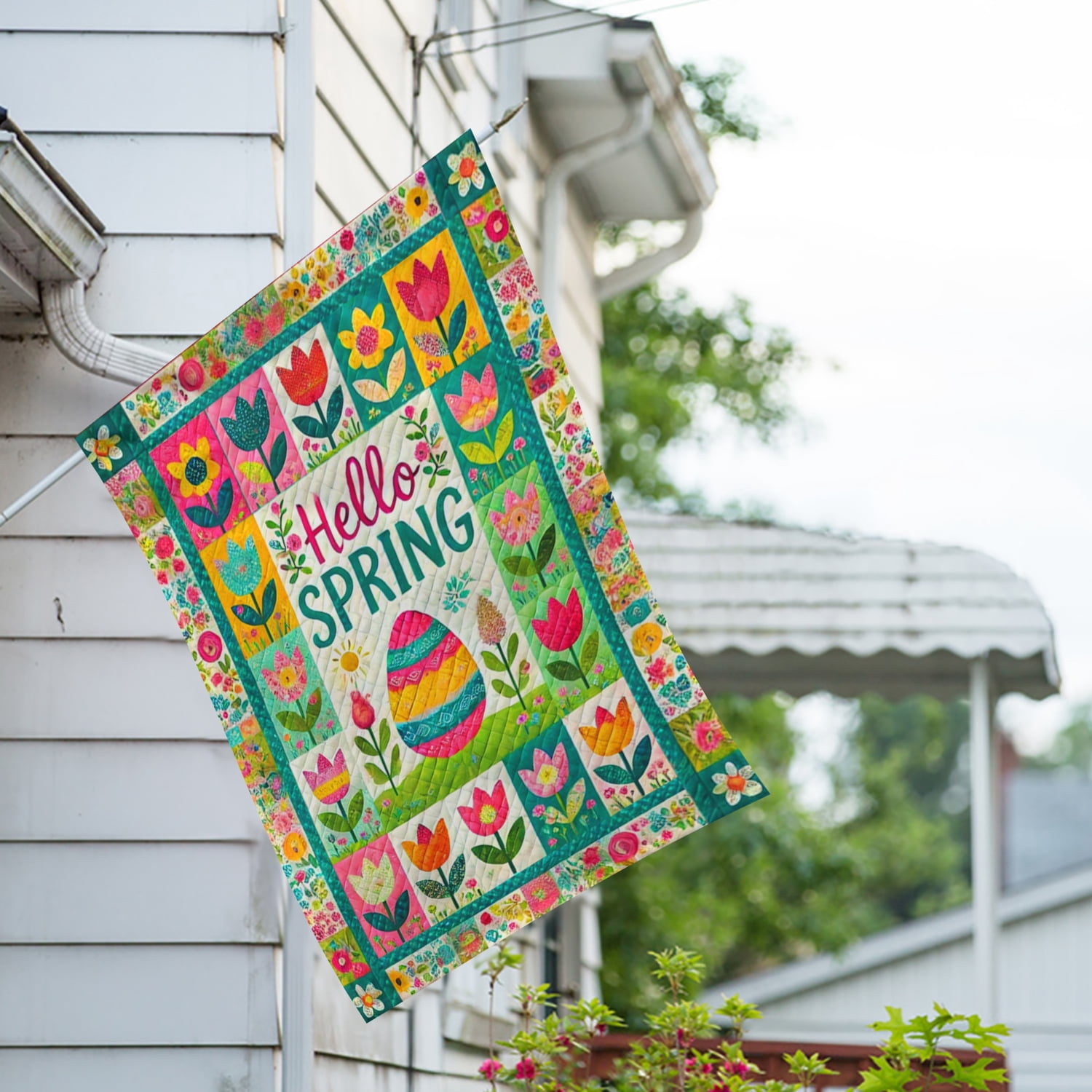 America Forever Hello Spring Patchwork House Flag, 28 x 40 inch Double Sided, Quilted Patterns Flowers Yard Flags, Easter Egg Banner, Spring Seasonal Outdoor Easter Day Decorations for Lawn