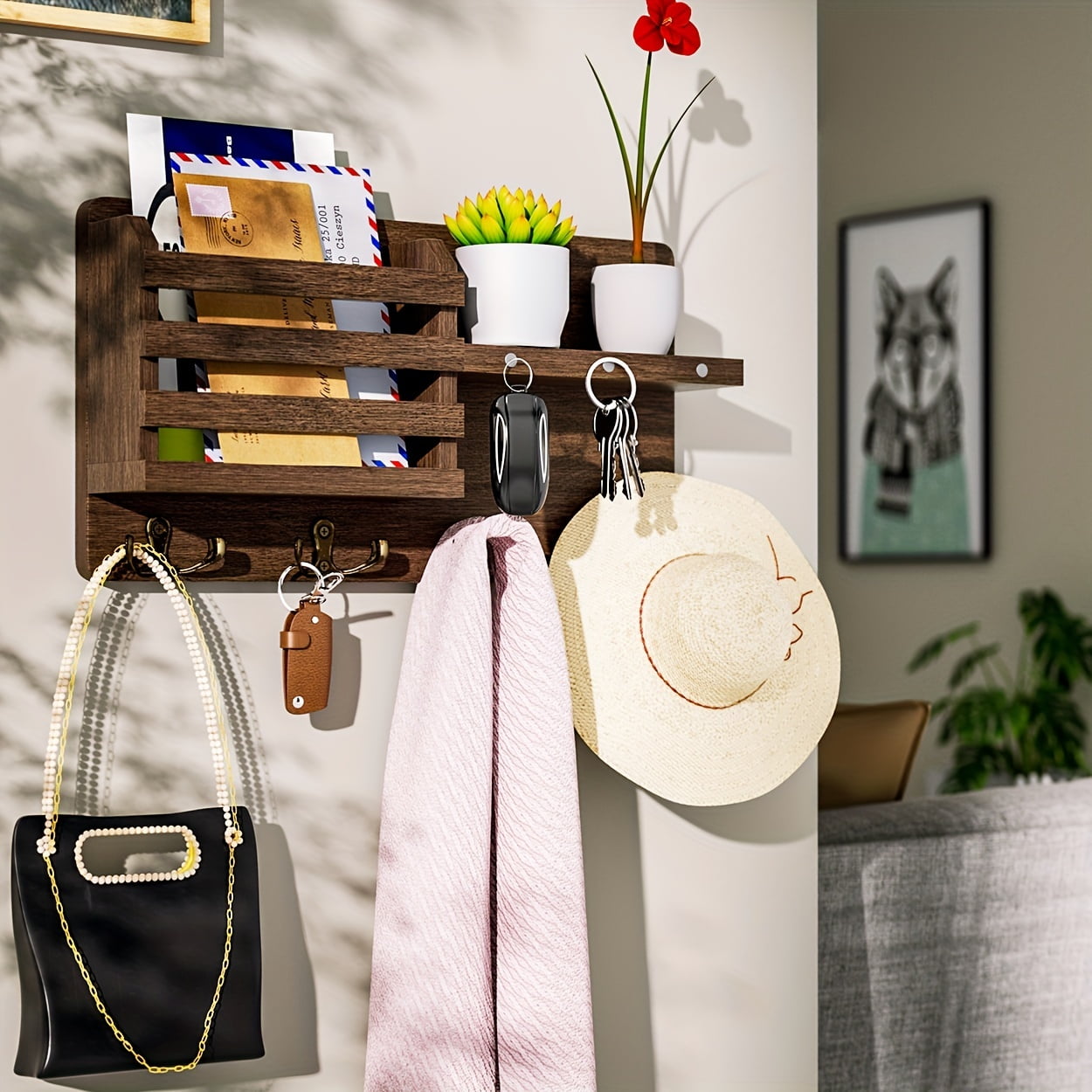 1pc Key Holder For Wall Decorative Mail Organizer And Key Rack With Tray For Hallway Kitchen Farmhouse Decor Wooden Key Hooks Mail Holder Wall Mounted 8 Hooks Walmart