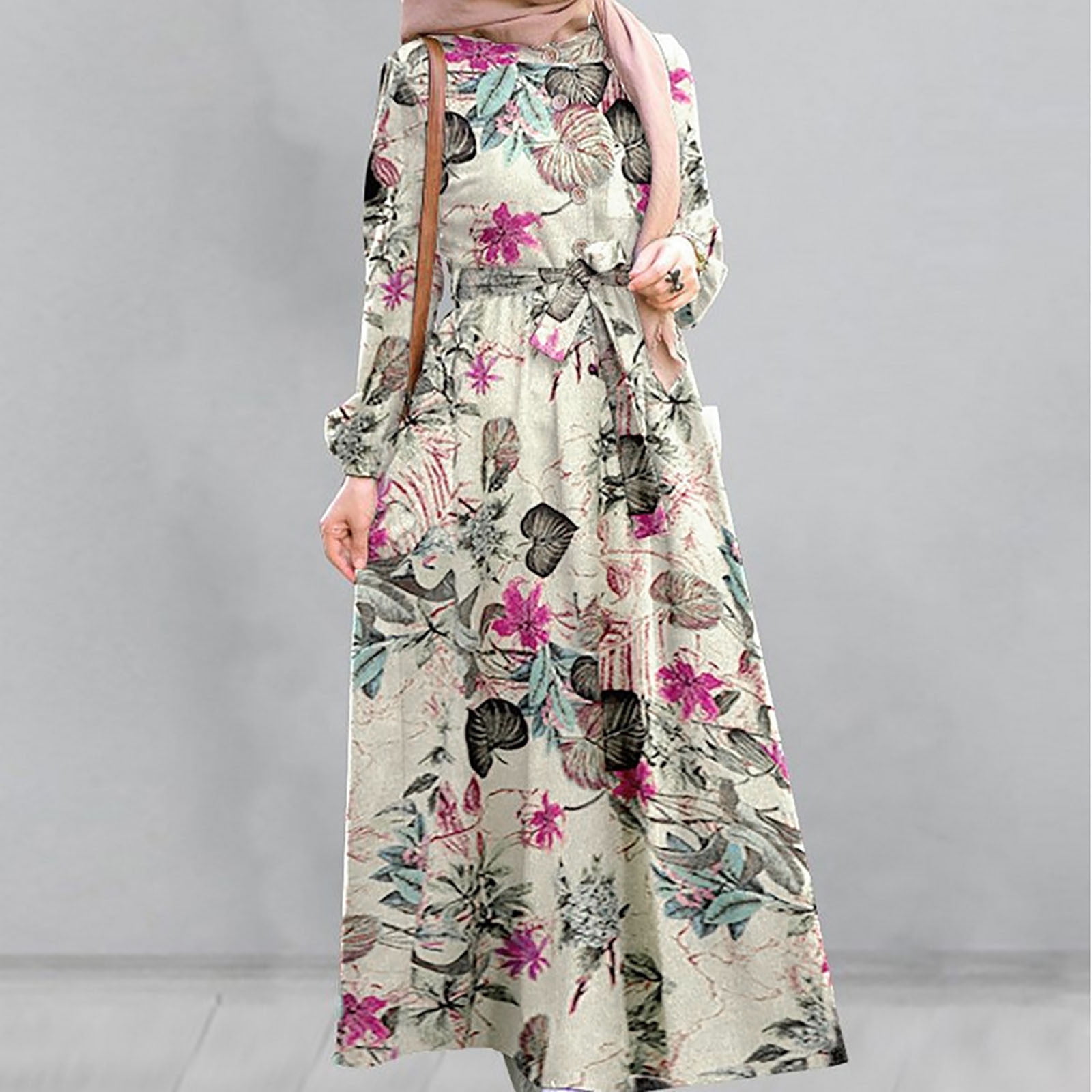Womens Dresses Clearance Plus Size Women s Trendy Round Neck Loose Long Sleeve Print Cotton Linen Ankle Length Dress Long Dress Hot Pink L DRS Walmart