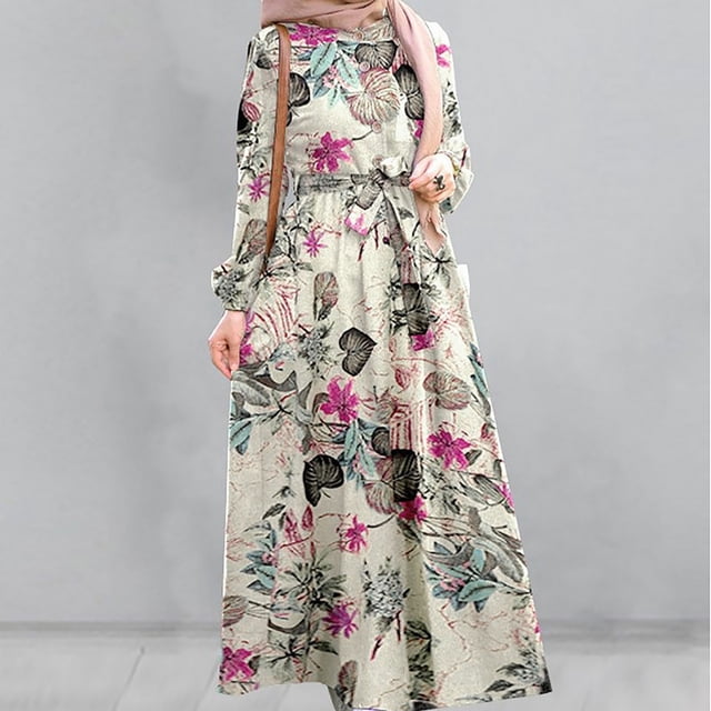 Qiopertar Robe Longue Mode Femme Col Rond Manches Longues Imprimé Coton Lin Longueur Cheville Robe Longue Liquidation Moins de 5$ en Liquidation Offres d'Accès Anticipé