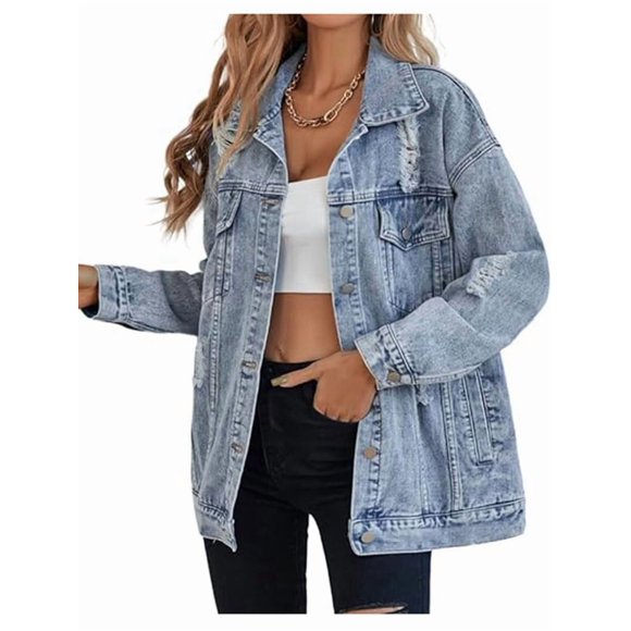 Women'S Long Oversized Denim Jacket Boyfriend Ripped Distressed Jean Jackets Coat Light Blue M