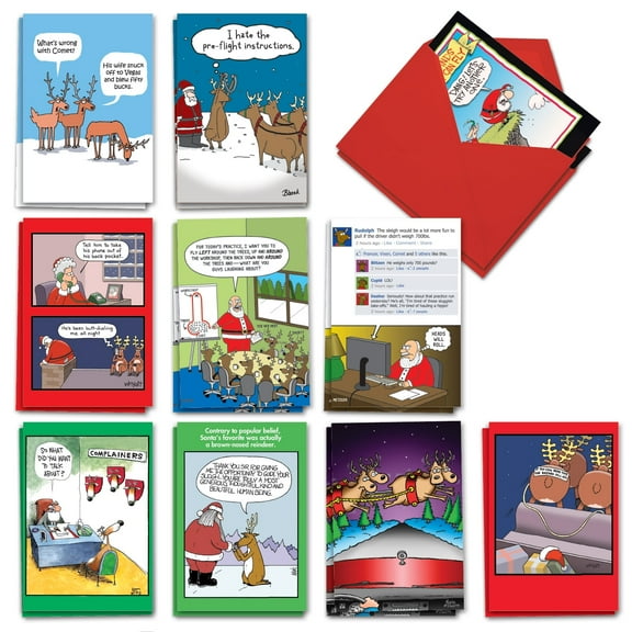 NobleWorks 20 Assorted Box Set Funny Christmas Greeting Cards w/5 x 7 Inch Envelopes (10 Designs, 2 Each) Reindeer Toons AC10706XSG-B2x10