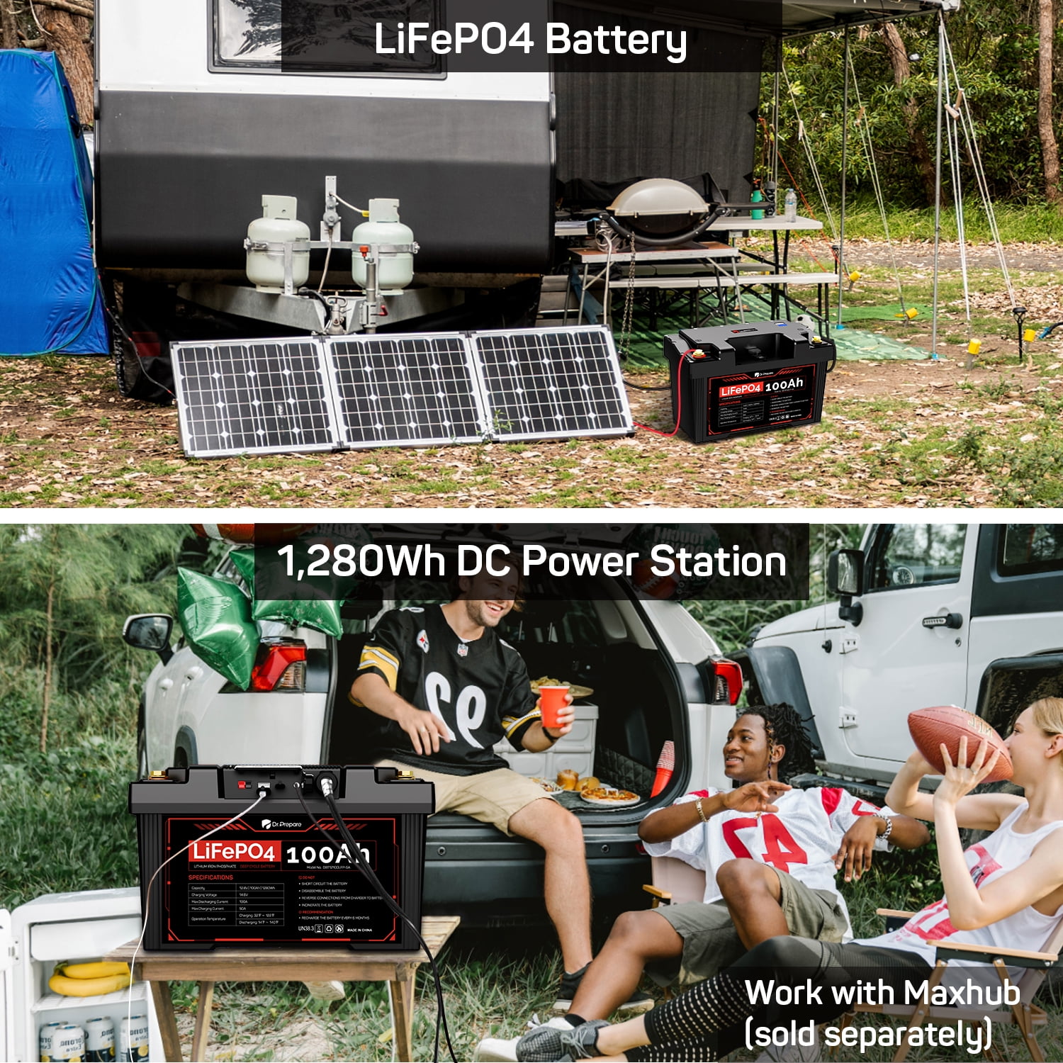 DR.PREPARE 12V 100Ah LiFePO4 Battery with Hub, 1280Wh Portable Power  Station Solar Powered Battery, Battery Backup Power Supply for Home, CPAP