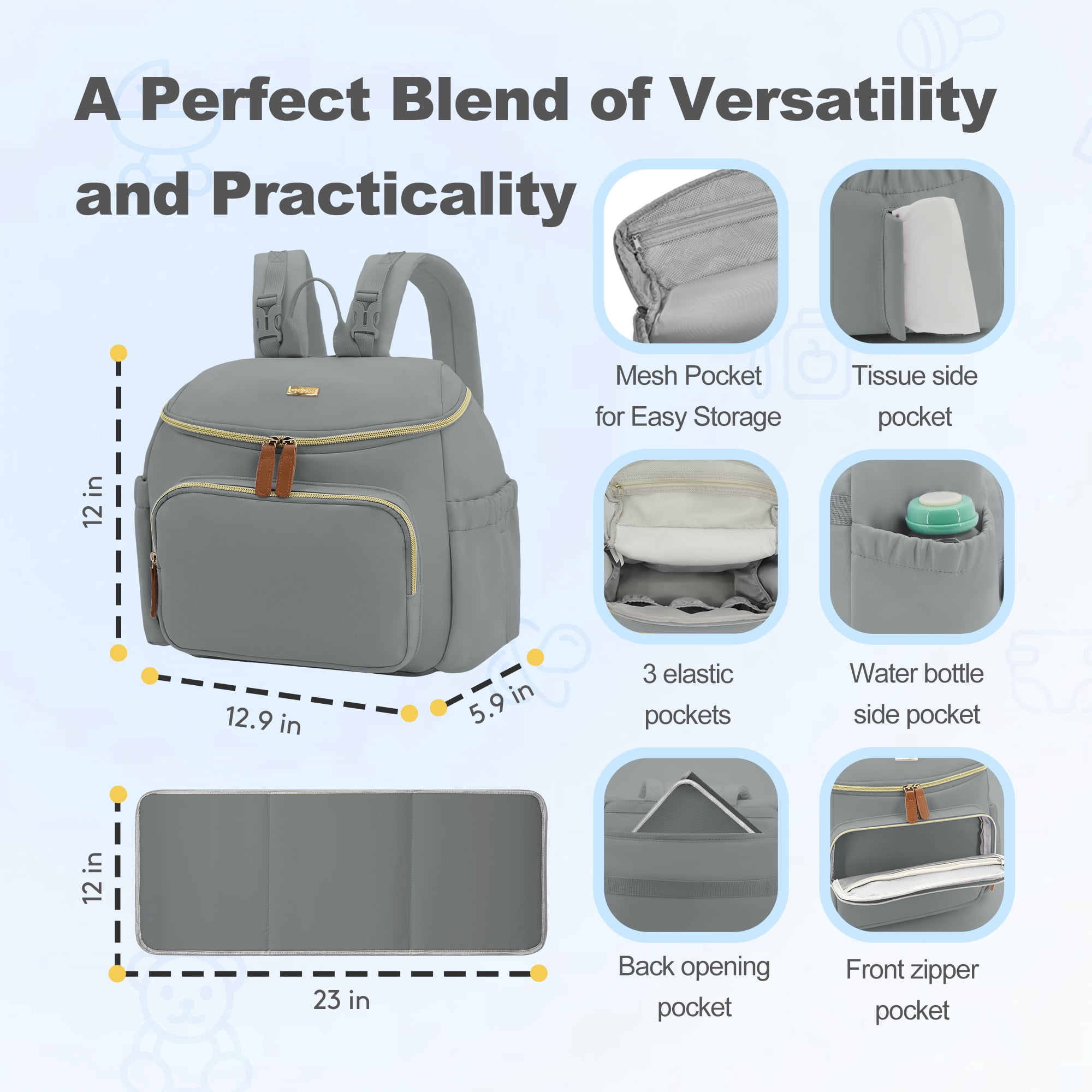 Derstuewe Diaper Bag Backpack, 15L Small Diaper Baby Bag for Mom with Changing Pad, Dark Grey