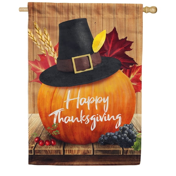 America Forever Fall Happy Thanksgiving House Flag 28 x 40 inch Autumn Bounty Harvest Pumpkin Pilgrim Hat Farmhouse Double Sided Outdoor Yard Decoration
