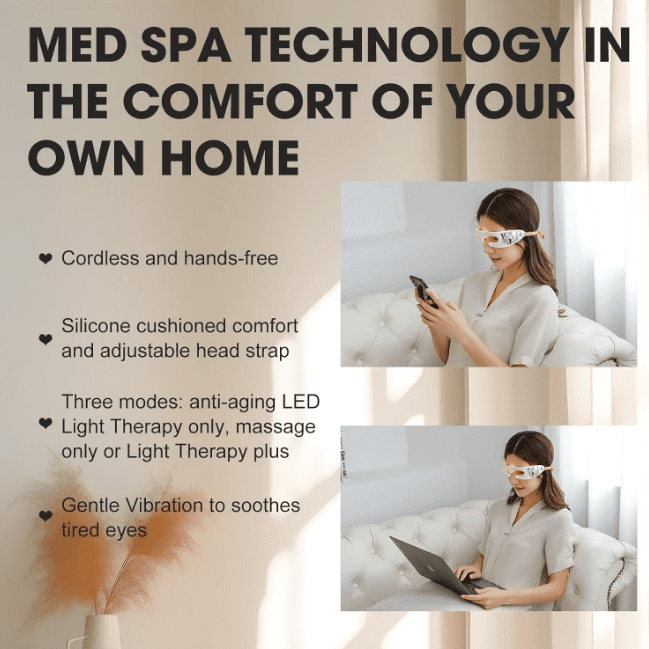 Cordless Eye Massager with Red Light Therapy, Vibration Eye Relaxation Goggles for Tired Eyes, Portable Wearable Eye Care Device for Home & Office