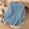 thumbnail image 5 of Craaazy Plus Size Womens Solid Color V-Neck 3/4 Sleeve Cotton Linen Blouse with Embroidery for Casual Outings Gift, 5 of 9