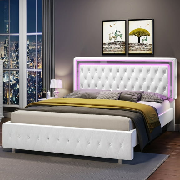 Merluxy Queen Bed Frame with Led Lights Headboard,Acrylic Mirror Accents,No Box Spring Needed,Velvet White