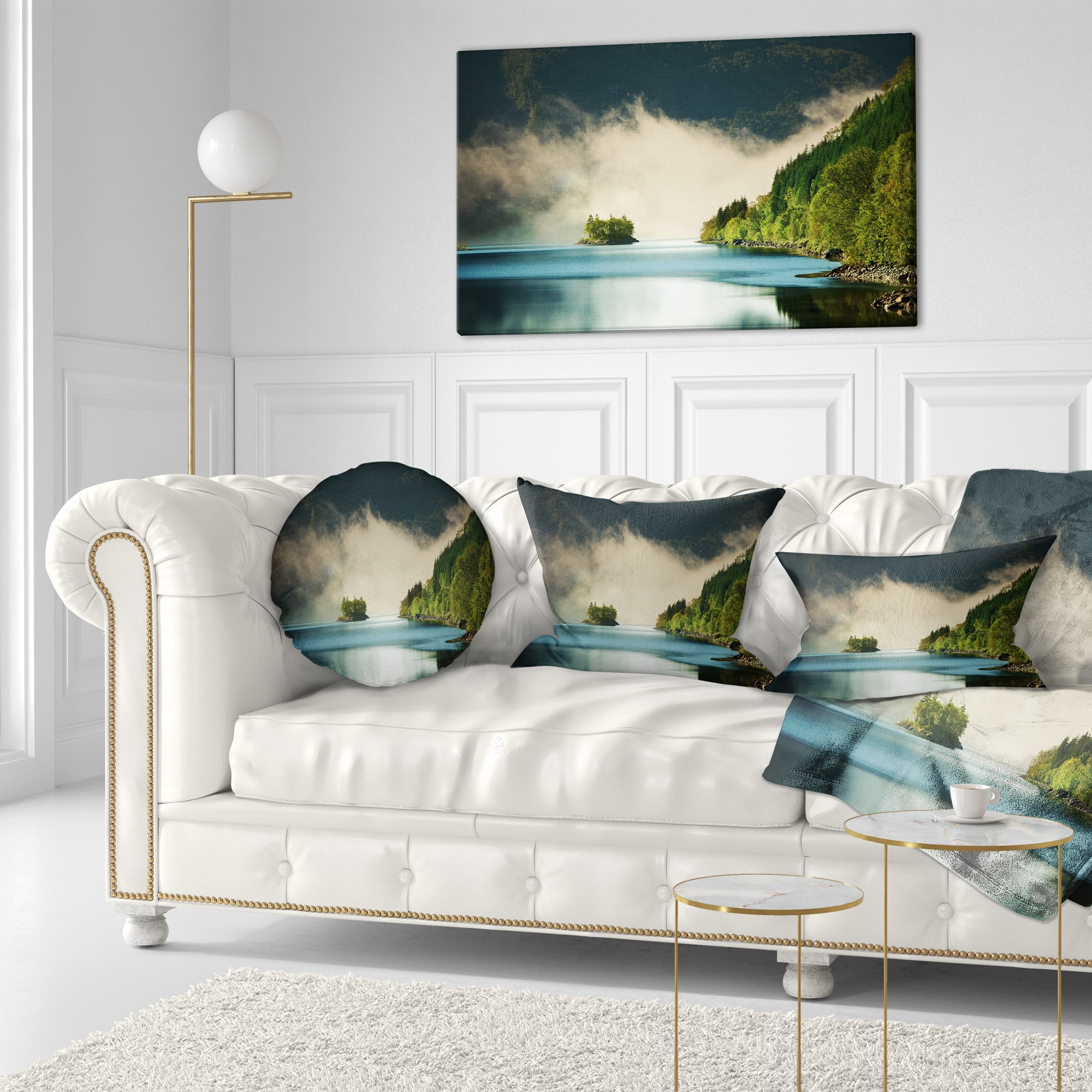Designart Beautiful Lake By Green Mountains - Landscape Printed Throw Pillow - 12x20