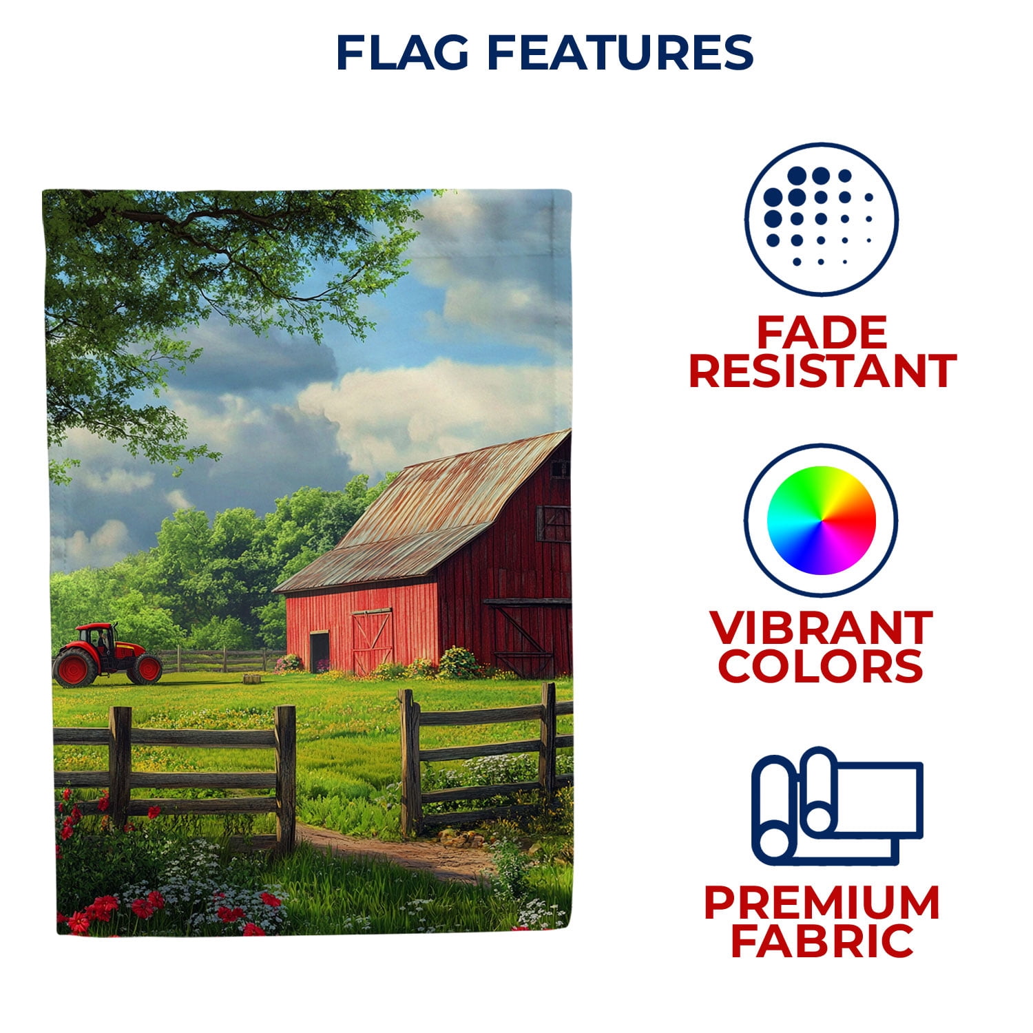 America Forever Farm Country Red Barn House Flag, 28 x 40 inch Double Sided, Rustic Tractor Countryside Scene, Spring Summer Seasonal Outdoor Decor, Country Living Yard Flag