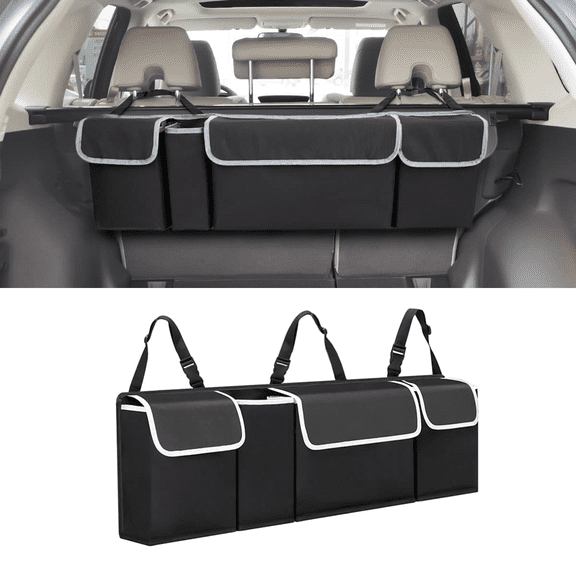 Car Trunk Organizer and Storage, Backseat Hanging Organizer for SUV, Truck, MPV, Waterproof, Collapsible Cargo Storage Bag with 4 Pockets, Car Interior Accessories (Black)