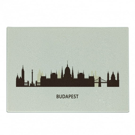 Hungary Cutting Board, Silhouette of Budapest City Famous Eastern European Architecture Panorama, Decorative Tempered Glass Cutting and Serving Board, in 3 Sizes, by Ambesonne