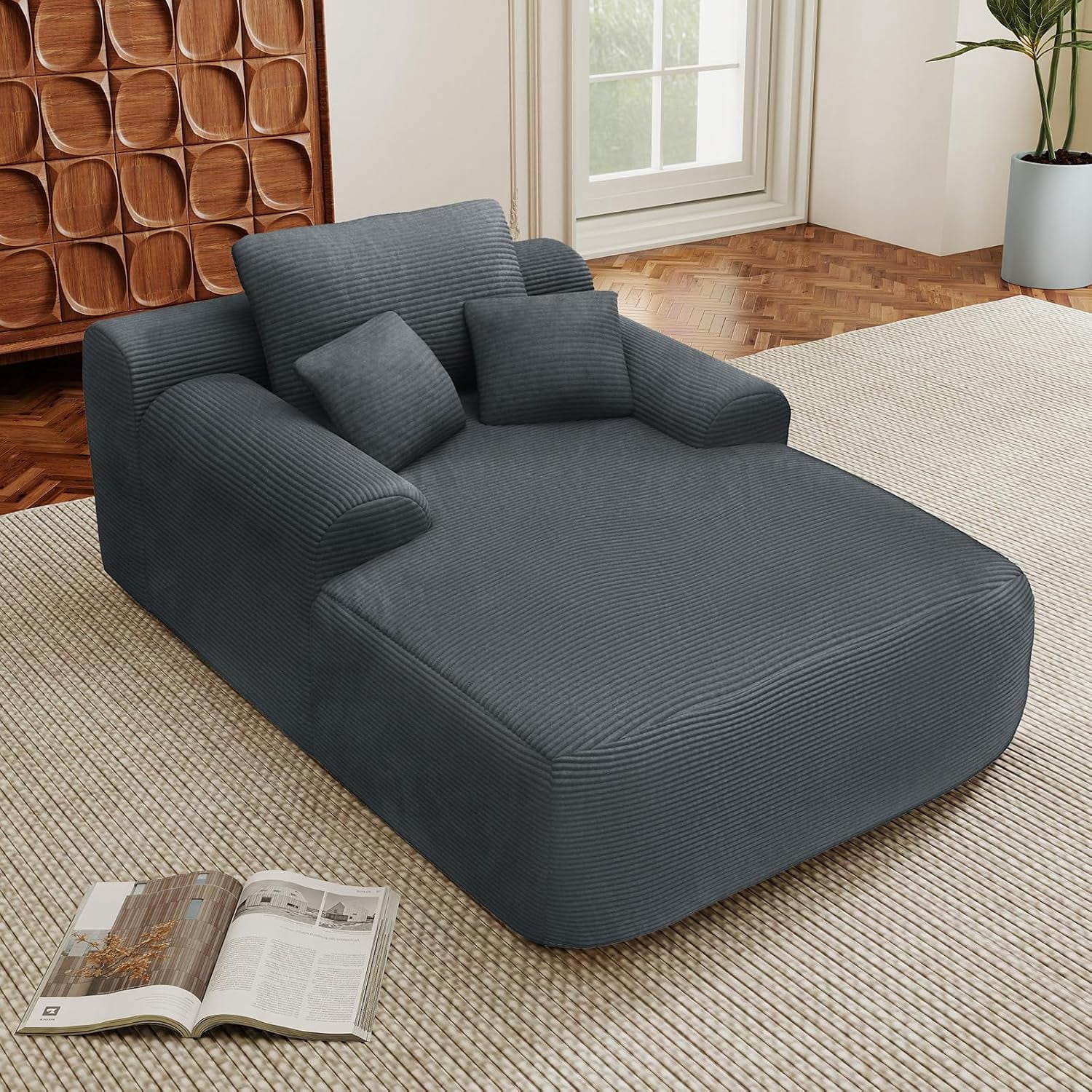 Howcool 65" Oversized Chaise Lounge Chair, Corduroy Boneless Sleeper Sofa Bed with Wide Armrest & Throw Pillows, Deep Seat Lounge Chair for Living Room, Bedroom & Apartment, Grey