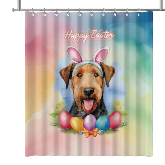Happy Easter Airedale Terrier with Bunny Ear Headband and Flowers Shower Curtain Dale Waterside Dog Lover Waterproof Bathroom Bathtub Curtain - 13001
