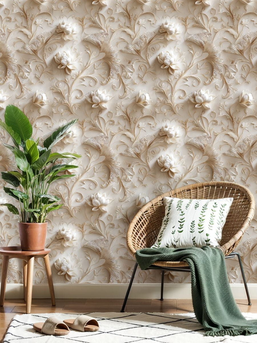 Peel and Stick Wallpaper Elegant 3D Floral Soft Beige Tones Delicate Blossoms Wall Mural 17.7in x 9.8ft Self Adhesive Removable Wall Paper Renter Friendly Wallpaper for Nursery Bedroom Cabinets