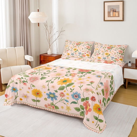 Homewish Retro Rustic Floral Twin Sheet Sets,Spring Natural Theme Twin Fitted Sheet,Pink Orange Green Flat Sheet For Girls Boys,Luxury Bedroom Decor,3pcs
