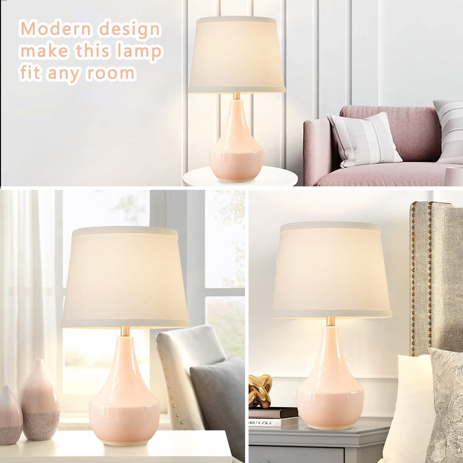 NATYSWAN Pink Table Lamp Set of 2, Ceramic Table Lamp Classic Beside Lamps Nightstand Lamp Modern Table Lamp for Living Room, Bedroom Office, Rocker Swtich (LED Bulbs Included)
