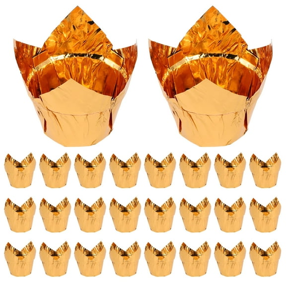 ACDANC 50PCS Mini Tulip Cupcake Liners Golden Aluminum Foil And Paper For Baking And Decorating