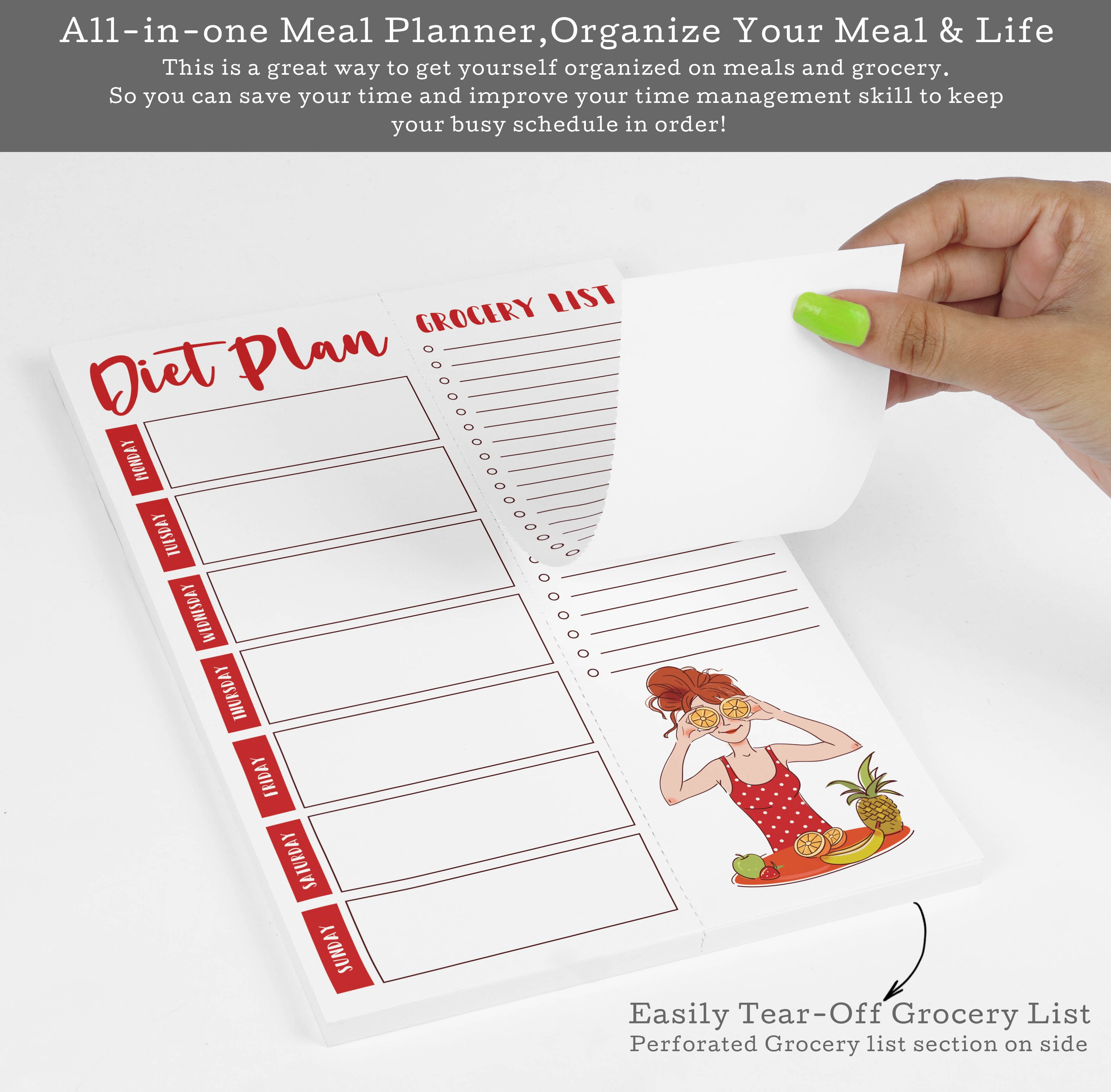 Inkdotpot Weekly Meal Planner Notepad 7"x10 , "Diet Plan" Magnetic Meal Planning Pad with Tear Off Grocery Shopping List for Fridge- Kitchen & Home - 54 Sheets -PR