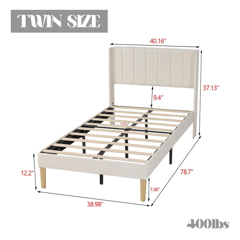 Pillfn Upholstered Platform Twin Size Bed Frame with Headboard Wooden Slats Support,Beige
