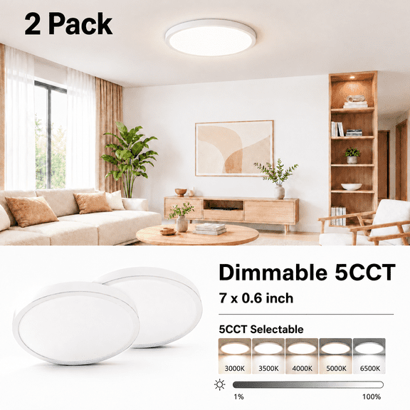 HOVMAP 2Pack LED Flush Mount Ceiling Light Fixture, 7" 15W, Dimmable& 5CCT Adjustable Low Profile Ceiling Lights, 1500Lm Round Lamp for Bathroom, Closet, Kitchen, Hallway, White