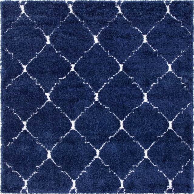 Unique Loom Rabat Shag Lattice Design Rug 8' x 8' Square Navy Blue/Ivory