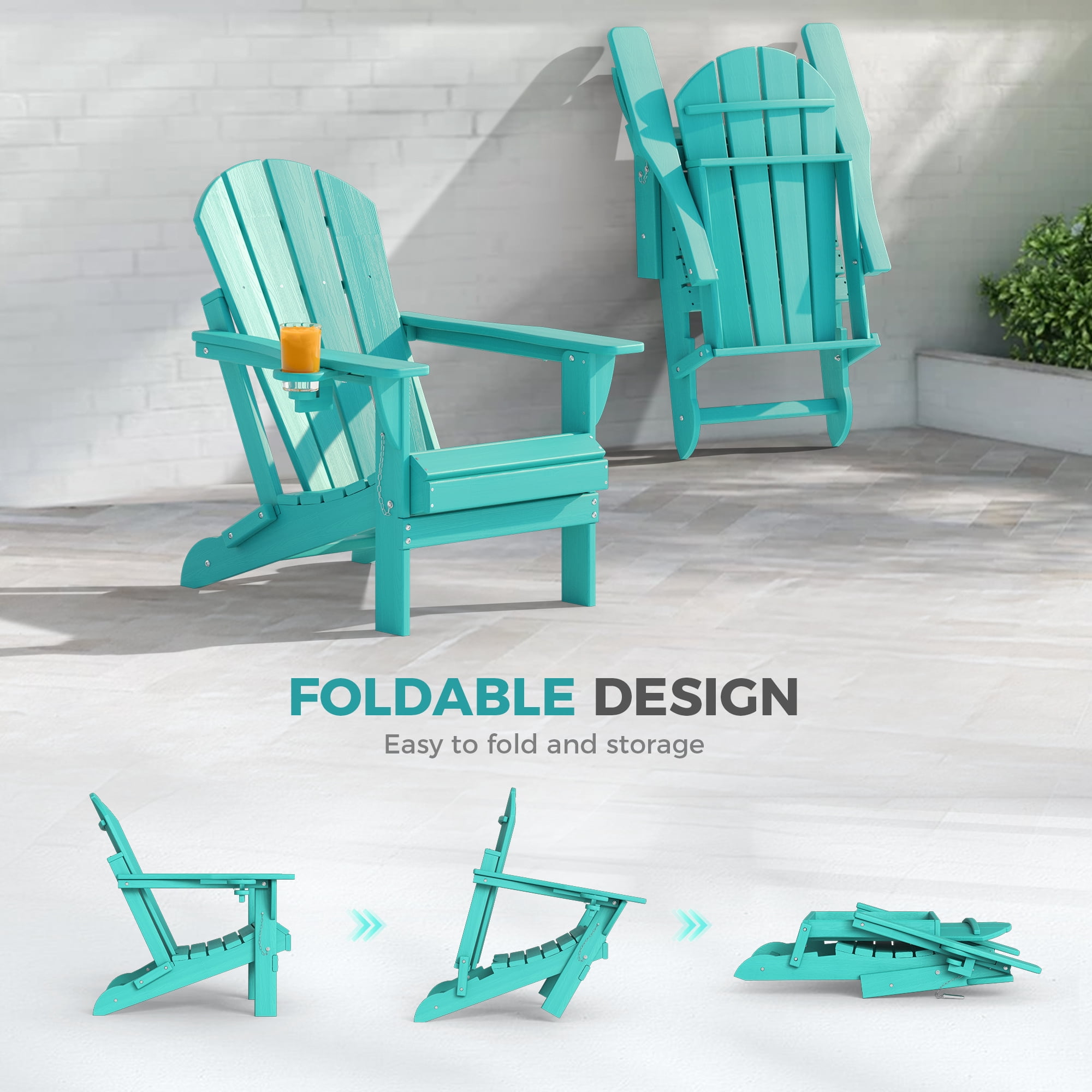 Folding Adirondack Chair Set of 2, Oversized HDPE Plastic Patio Chairs, Aqua